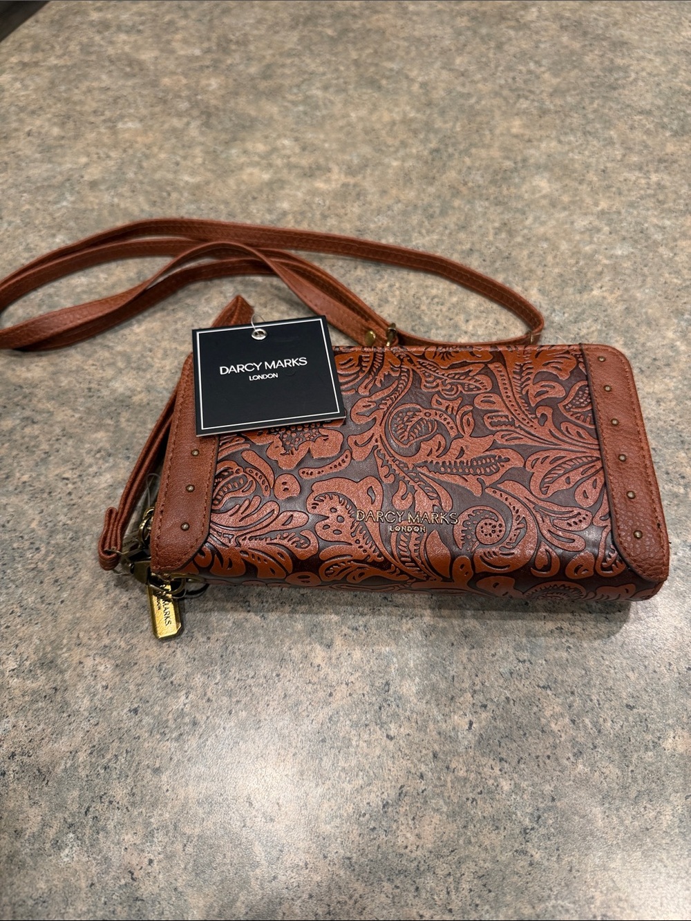 NWT Darcy Marks London Brown Embossed Leather Crossbody Wallet